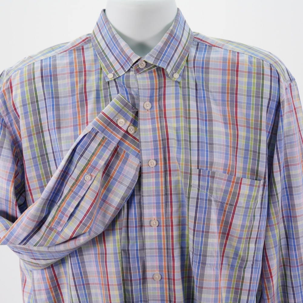 Alan Flusser Men's Large Blue Multi-Colored Plaid Button Down Dress Shirt Pocket